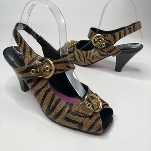Gretta Brown Zebra Animal Slingback Peep-toe Heels